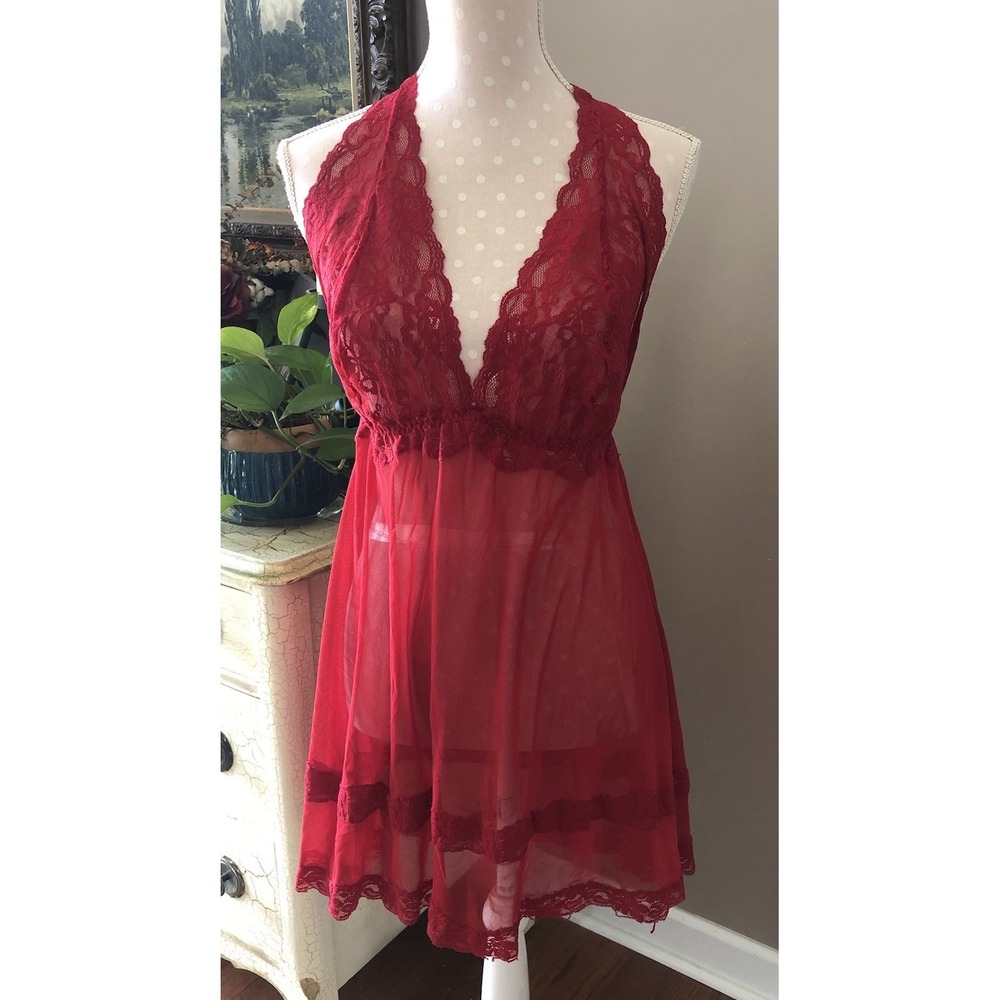 Cacique Lingerie Babydoll Teddy Sexy Halter Red Sheer & Lace Women's 18/20